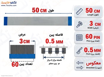 کابل FFC فلت معکوس 60 پین 0.5 میلی متر 50 سانتی متر