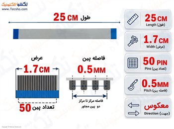 کابل FFC فلت معکوس 50 پین 0.5 میلی متر 25 سانتی متر