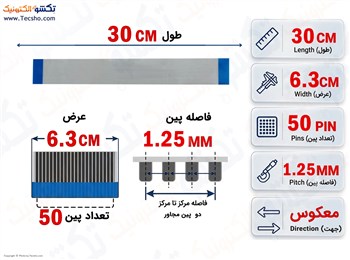 کابل FFC فلت معکوس 50 پین 1.25 میلی متر 30 سانتی متر